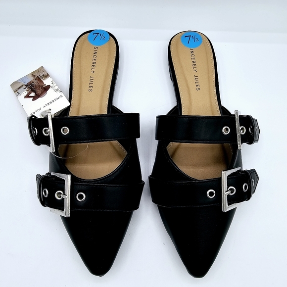 Sincerely Jules Black Buckle Pointed Toe Flats Mules NWT - Picture 3 of 10
